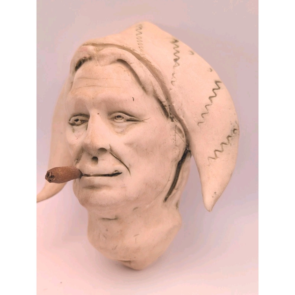 Studio Art Sculpted Male Pottery Face With Cigar Deep Lines Character Jester OOK